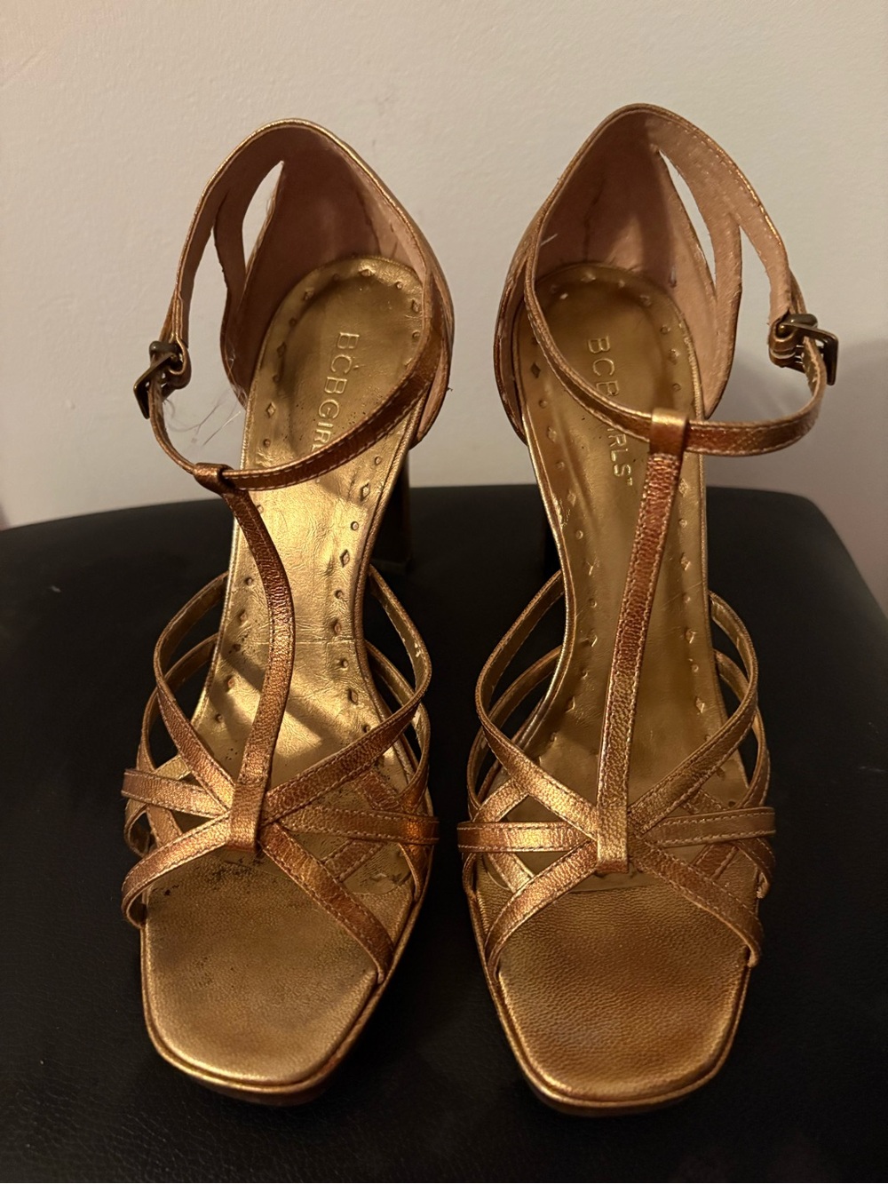 BCBGirls Metallic Bronze Strappy T‑Bar High Heel Sandals - Picture 2 of 9
